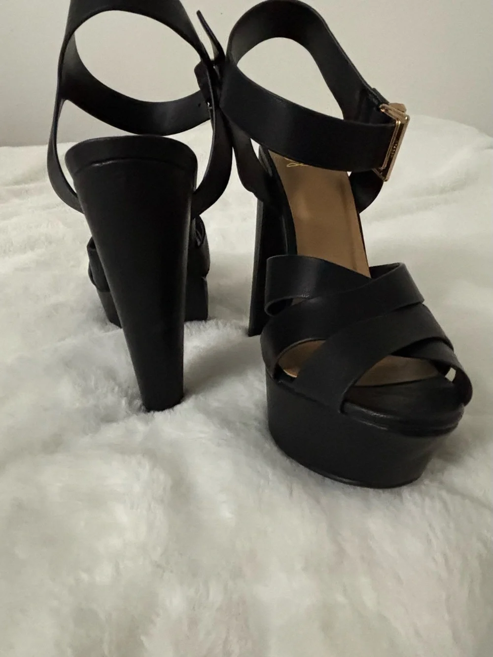 My Delicious Women's Black Patent Platform Open Toe Ankle Strap Heel Size 8